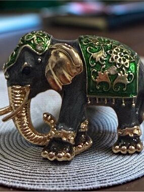 Gold and Green Tone Elephant Brooch